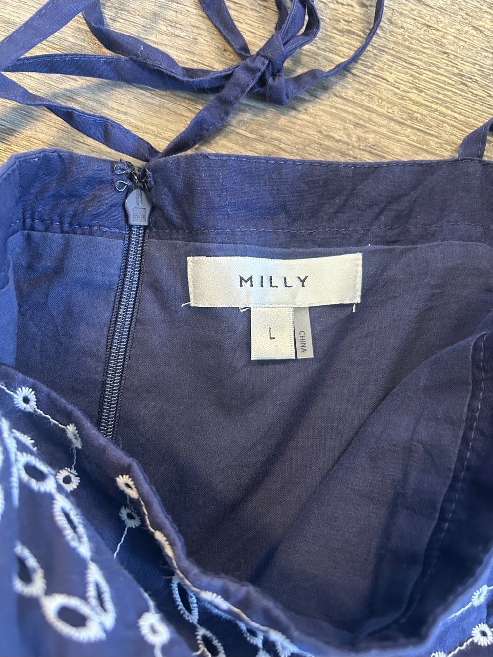 Milly Navy Blue Embroidered Peplum Tie Strap Blouse Cotton Large - Picture 3 of 8